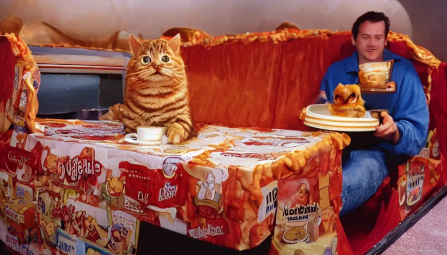 Image similar to 1990s photo of inside the Garfield Mystery Lasagna ride at Universal Studios in Orlando, Florida, riding a box with a blanket with Garfield the cat through a living room filled lasagna and coffee cups, cinematic, UHD