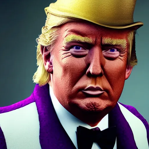 Image similar to portrait of donald trump as willy wonka in skyrim, fantasy, splash art, movie still, detailed face, photorealistic facial features, cinematic lighting, dramatic, octane render, long lens, shallow depth of field, bokeh, anamorphic lens flare, 8 k, hyper detailed, 3 5 mm film grain