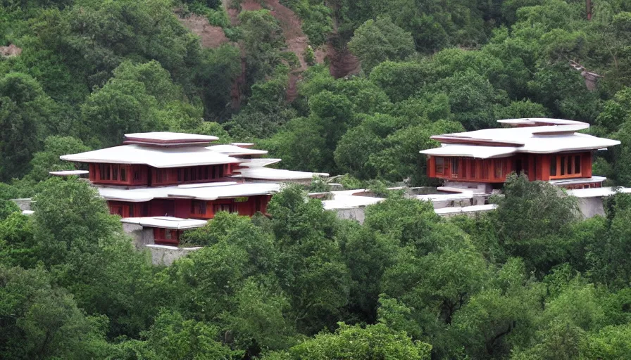 Prompt: tibetan architecture villa, on a green hill, overlooking a valley with trees, frank lloyd wright, le corbeusier, photorealistic, birds eye view