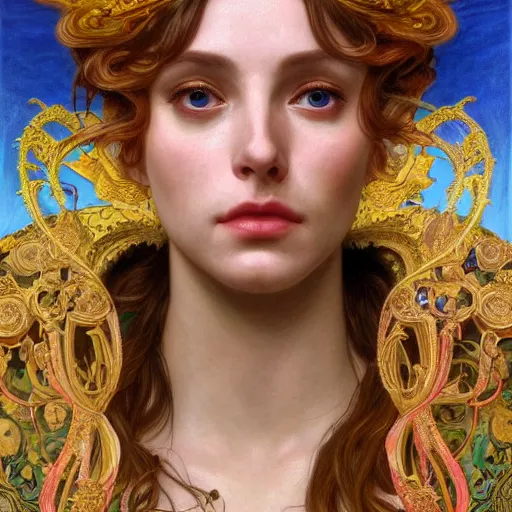 Image similar to an portrait of a beautiful alluring female goddess, detailed, centered, digital painting, artstation, concept art, donato giancola, Dante Gabriel Rossetti, alphonse mucha, Joseph Christian Leyendecker, WLOP, Boris Vallejo, Breathtaking, 8k resolution, extremely detailed, beautiful, establishing shot, artistic, hyperrealistic, beautiful face, octane render