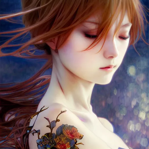 Image similar to anime girl, fantasy, intricate, elegant, dramatic lighting, emotionally evoking symbolic metaphor, highly detailed, lifelike, photorealistic, digital painting, artstation, concept art, smooth, sharp focus, illustration, art by John Collier and Albert Aublet and Krenz Cushart and Artem Demura and Alphonse Mucha