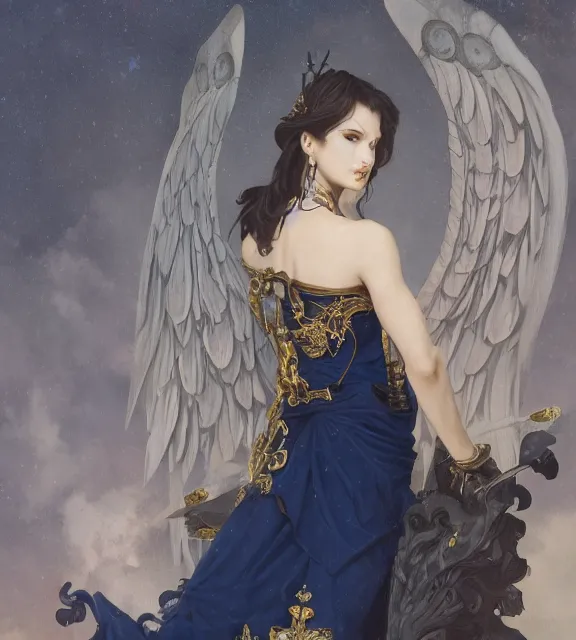 Image similar to god of death, young male, in the underworld, elegant dark blue dress, very detailed, throne, very intricate details, jewelry, gold eyeshadow, elaborate long black hairstyle, wings, cinematic, artstation, william bouguereau, alphonse mucha, greg rutkowski, rossdraws, octane render