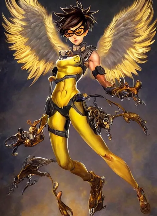 Prompt: full body oil painting of tracer overwatch in the style of frank frazetta, angel wings, angelic golden armor, dramatic painting, symmetrical composition, ornate, golden chains, high detail, gold detailed collar!!!!!, blooming, angelic, lights, flowers, heavenly, bright, detailed face,