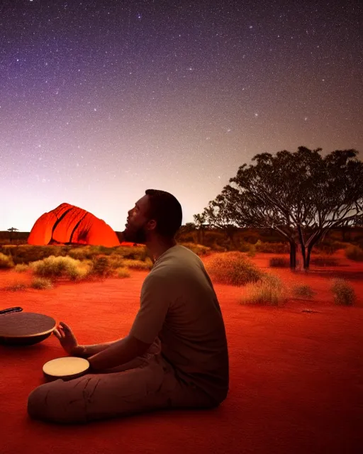 Image similar to close - up of man sitting at uluru playing medicine drum at campfire under cosmic night sky, global illumination radiating a glowing aura global illumination ray tracing hdr render in unreal engine 5, dramatic atmospheric volumetric lighting