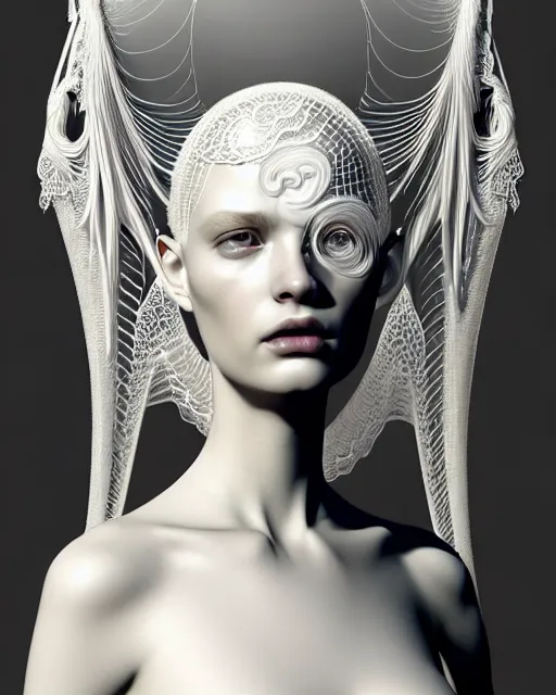 Image similar to dreamy soft luminous bw 3 d octane render, beautiful spiritual angelic biomechanical albino girl cyborg with a porcelain profile face, very long neck, rim light, big leaves and stems, roots, fine foliage lace, alexander mcqueen, art nouveau fashion embroidered collar, steampunk, silver filigree details, hexagonal mesh wire, mandelbrot fractal, elegant