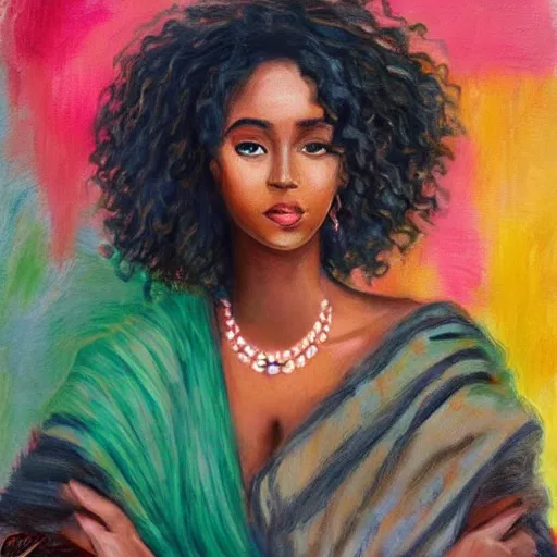 Prompt: brown skinned somali woman, curly hair, somali attire, dreamy, impressionist, figurative