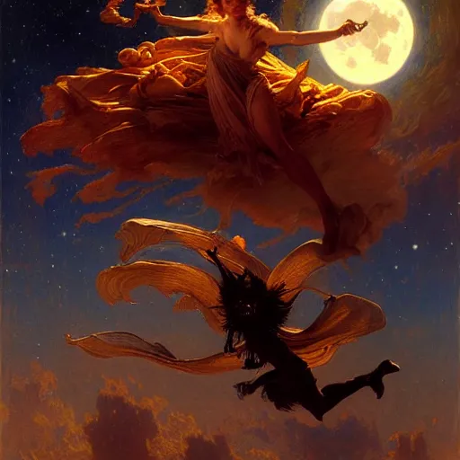 Image similar to witch flying, trough the night, fantasy, full moon in background. highly detailed painting by gaston bussiere, craig mullins, j. c. leyendecker 8 k