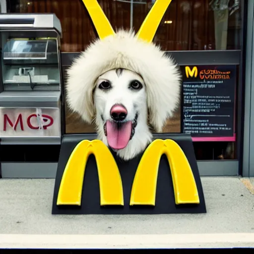 Image similar to photo of anthropomorphic dog working for mcdonalds, fur