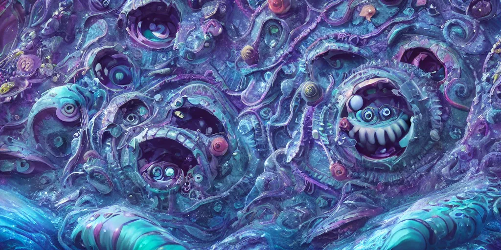 Image similar to of an intricate deep sea with strange cute friendly happy creatures with huge eyes, long tongue, round teeth and goofy funny face, appearing from the background, in the style of gehry and gaudi, macro lens, shallow depth of field, ultra detailed, digital painting, trending artstation, concept art, illustration, cinematic lighting, photorealism, epic, octane render