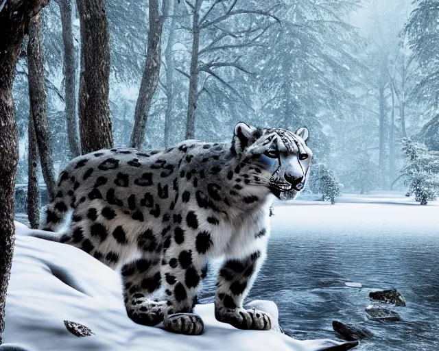 Image similar to a snow leopard standing on a riverbank in a snowy forest forest, natural lighting, very coherent, ultra realistic, concept art, intricate details, highly detailed, photorealistic, octane render, 8 k, unreal engine