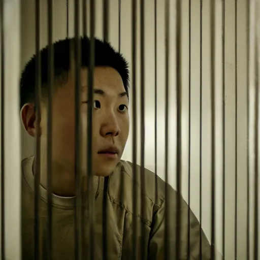 Image similar to an portrait of justin sun in prison looking through the bars of his cell, by annie leibovitz, shallow depth of field, cinematic lighting