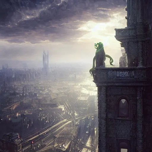 Image similar to cthulhu overlooking a city, volumetric lighting, 8 k octane beautifully detailed render, post - processing, extremely hyper - detailed, intricate, epic composition, cinematic lighting, masterpiece, trending on artstation, detailed detailed detailed, masterpiece, stunning art by anders zorn, wonderful masterpiece by greg rutkowski, beautiful cinematic light,