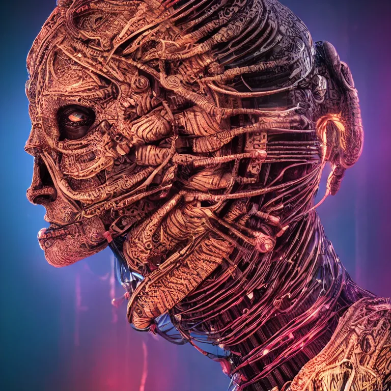 Prompt: surreal spinal ribbed tribal exotic organic face portrait of a cyberpunk fighter, beautiful detailed intricate insanely detailed 3D render digital art, octane render, 8K artistic photography, photorealistic, neon lights