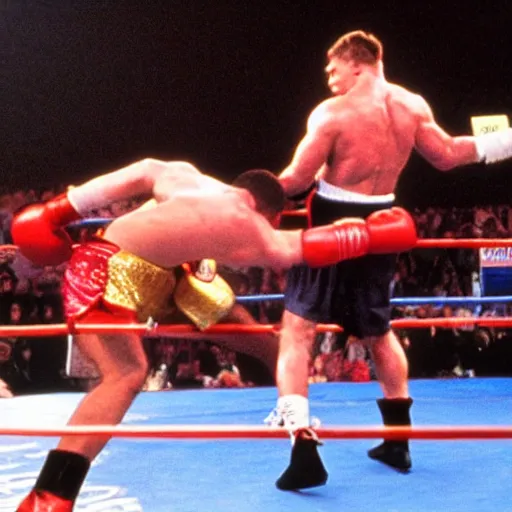 Image similar to mike tyson boxing ivan drago in a boxing ring in the movie rocky ii. movie still