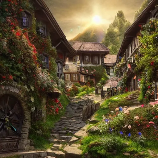 Image similar to my precious! - the hobbit - j. r. r. tolkien - a medieval village in switzerland, ornate, beautiful, atmosphere, vibe, flowers, concept art illustration, greg rutowski, volumetric lighting, sunbeams, particles