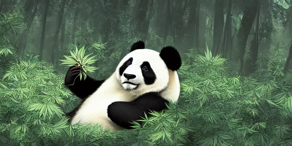 Image similar to beautiful aesthetic digital illustration of a relaxed panda surrounded by an endless forest of weed wlop and Julia Razumova, realistic, photorealistic, hyperrealistic, unreal engine, octane, deviantArt, trending on artstation, artstation HQ