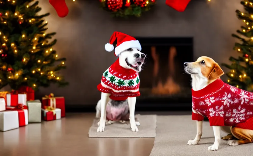 Image similar to ultra detailed studio photography of a dog wearing a woolen christmas sweater with a fireplace background, detailed face, cinematic lighting, 8 k