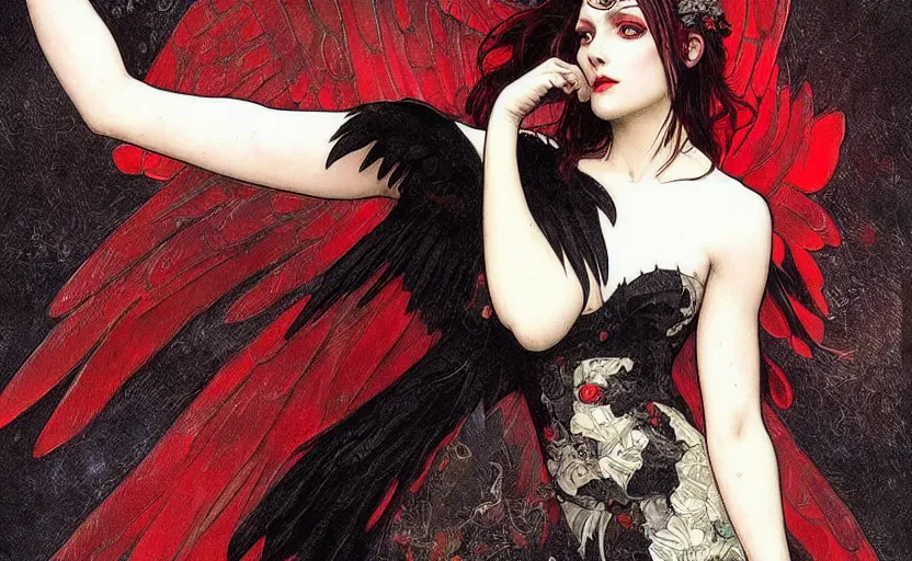 Prompt: Female dark angel in gothic red and black dress, their black wings are extended. By artgerm and greg rutkowski and alphonse mucha