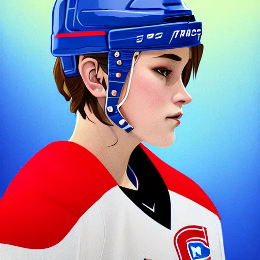 Image similar to portrait from Life is Strange, Female Ice Hockey Player, Habs fantasy, intricate, elegant, red blue white colorway, ice rink mist, highly detailed, digital painting, trending on artstation, concept art, smooth, sharp focus, illustration, art by james gilleard, beeple, artgerm and greg rutkowski and alphonse mucha, unreal engine, 4k, 8k