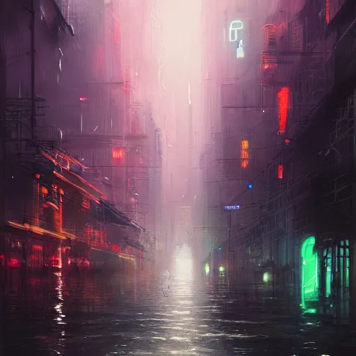 Image similar to concept art of a city flooded with neon lights, by greg rutkowski