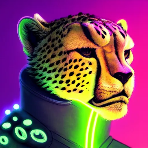 Image similar to a beautiful commission of a male anthropomorphic cheetah wearing a neon jacket,futuristic,detailed face,character design by charles bowater,mohawk,cyberpunk style,deviantart,artstation,art by greg rutkowski,ross tran,professional lighting,neon city,night,raytracing,rtx,highly realistic,4k