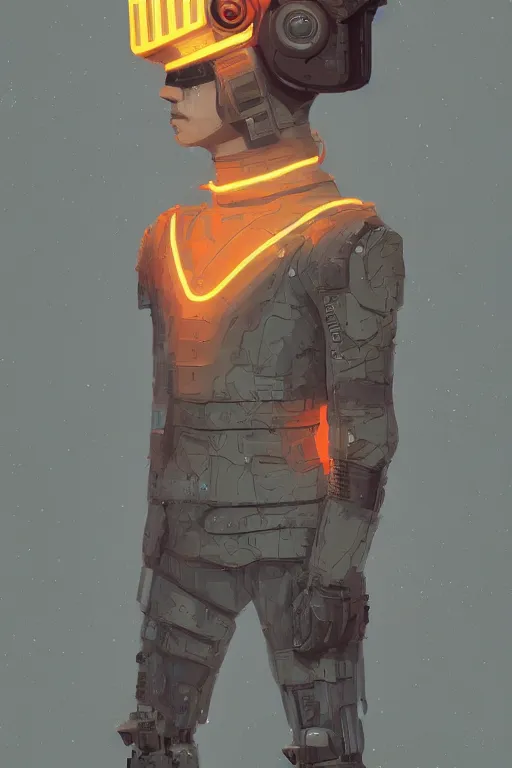 Prompt: full body soldier boy, blade runner 2 0 4 9, scorched earth, cassette futurism, modular synthesizer helmet, the grand budapest hotel, glow, digital art, artstation, pop art, by hsiao - ron cheng