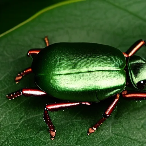 Image similar to hybrid of green beetle and red turtle, photorealistic, close - up