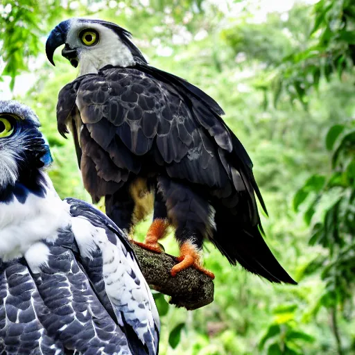 Prompt: harpy eagle and parrot hybrid animal, half harpy eagle half parrot, realistic photo taken in zoo