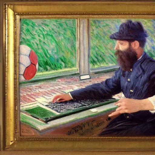 Prompt: monet painting of a man playing warzone on a computer, a soccer ball falls on his head, highly detailed, realistic,