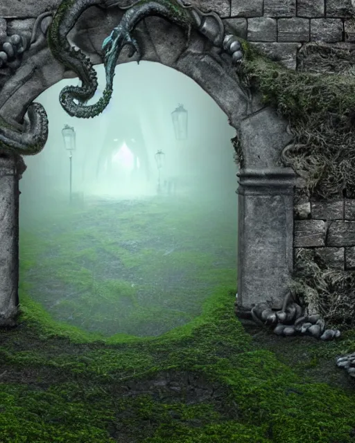 Prompt: highly detailed photograph of a lovecraftian ghost realm doorway with cthulhu beckoning in the center surrounded by mists, in the center of an old mossy cobblestone wall, photorealistic vivid 8 k resolution