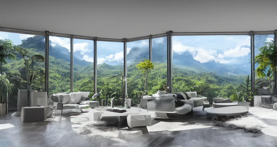 Prompt: looked at big window, architectural, mountains in background, cloud forest in background, tropical, sunny day time, clear sky, living room, furniture, IKEA catalogue, futuristic, ultra realistic, ultra detailed, cinematic light, anamorphic