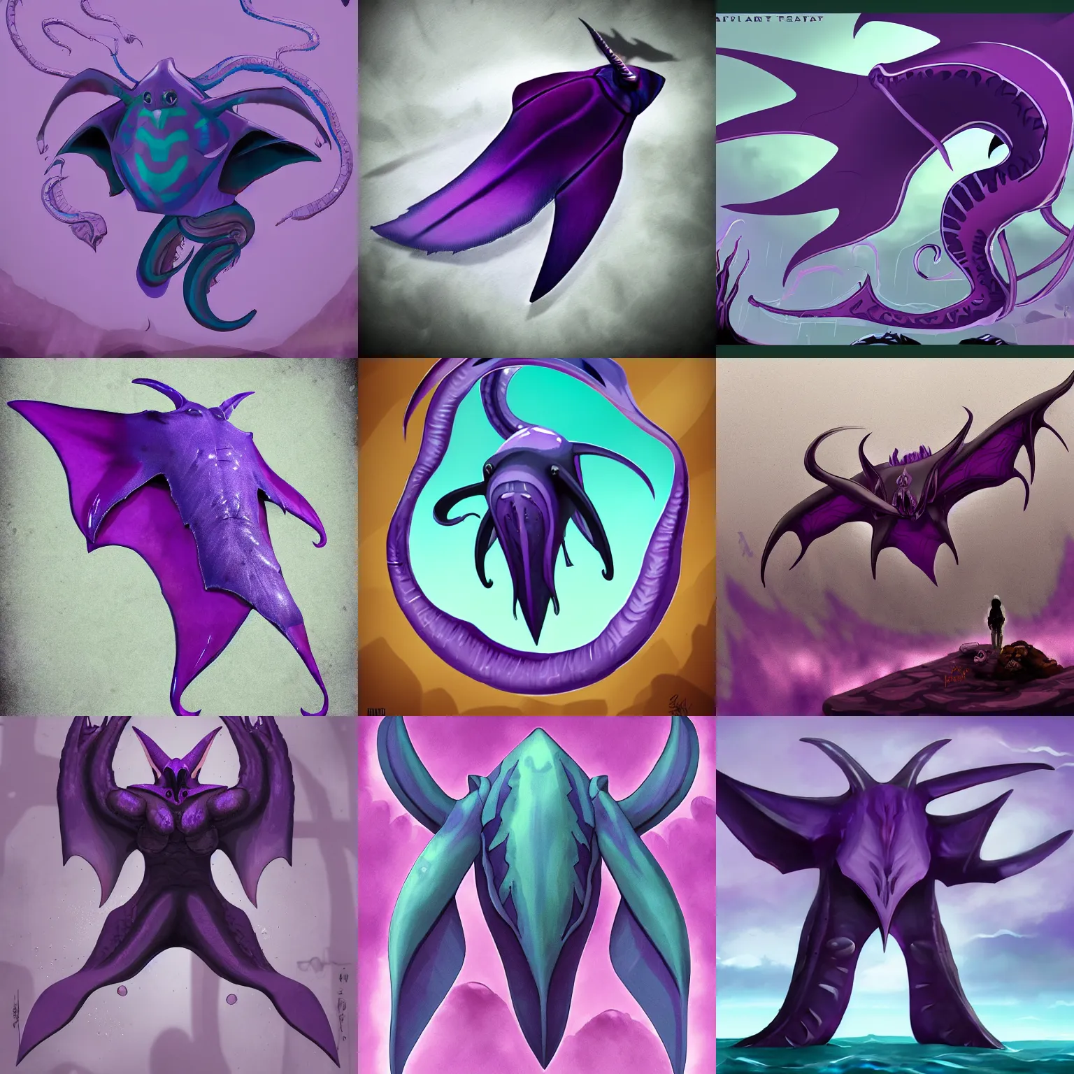 Prompt: purple manta ray kaiji, eldritch horrors, kaiju monsters, artstation fantasy, cloverleaf monster