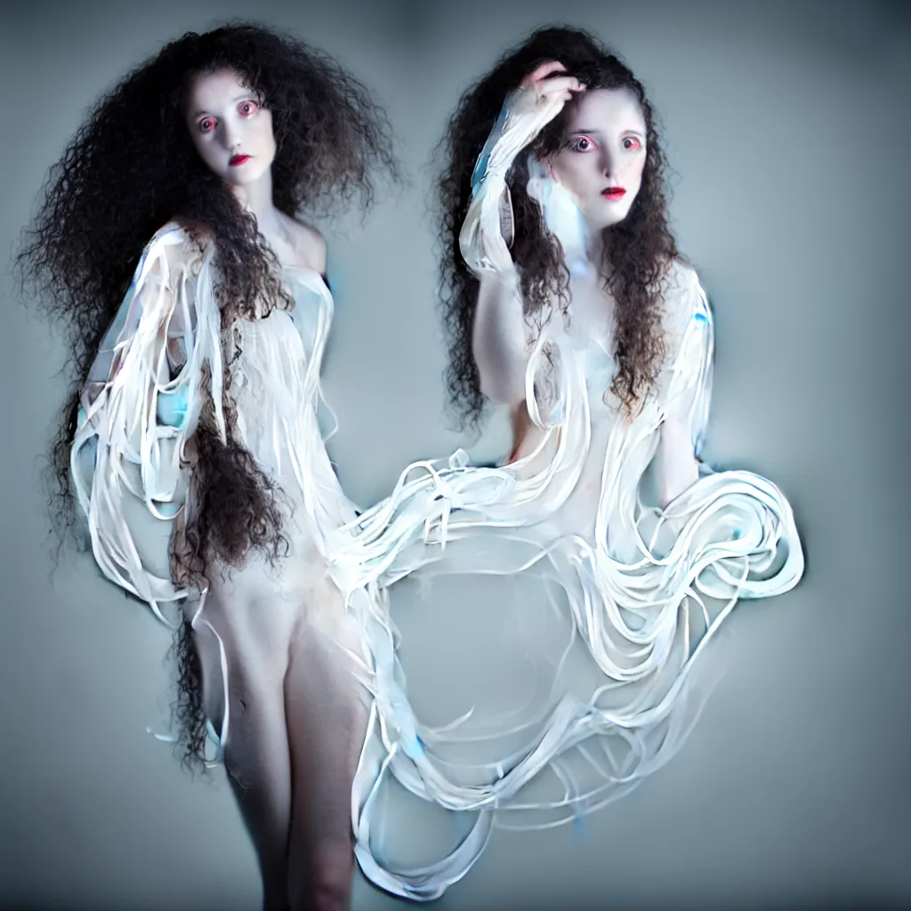 Image similar to a young woman with long curly hair, dressed in long white, light painting in style of Paolo Roversi, professional studio lighting, dark background, hyper realistic photography, fashion magazine style
