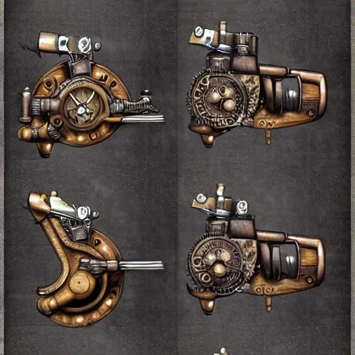 Prompt: steampunk style weapons, concept design