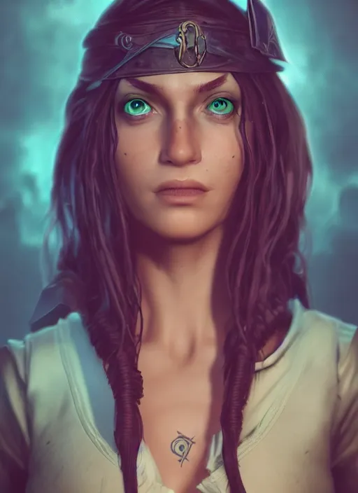 Prompt: A fantasy comic book style portrait painting of a 30 year old female as a pirate wizard in a atmospheric dark fortress, unreal 5, DAZ, hyperrealistic, octane render, RPG portrait, ambient light, dynamic lighting