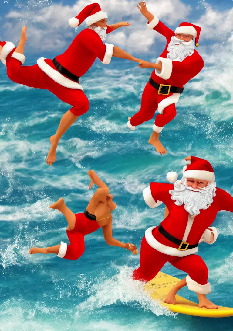 Prompt: 3d rendering of Santa Claus wearing swim suit, surfing on the beach, photo realistic image, super detailed, 4K,cinematic look