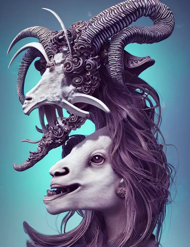 Image similar to 3 d goddess goat skull half - turn portrait with long hair with ram skull. beautiful intricately detailed japanese crow kitsune mask and clasical japanese kimono. betta fish, jellyfish phoenix, bio luminescent, plasma, ice, water, wind, creature, artwork by tooth wu and wlop and beeple and greg rutkowski