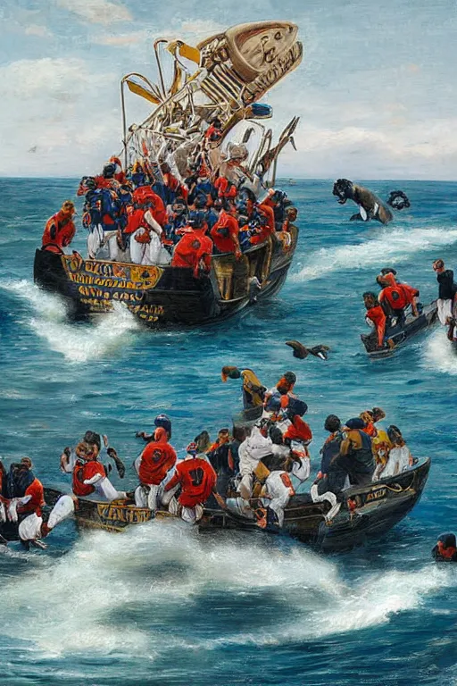 Image similar to whaling boat filled with nfl football players in helmets and pads, football helmets, american school, whaling painting, robert wyland