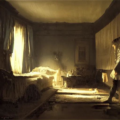 Prompt: dark room with a shadow figure standing in front of the bed while a person sleeps in it, very dim lighting, 8 k octane beautifully detailed render, post - processing, extremely hyper - detailed, intricate, epic composition, masterpiece, trending on artstation, detailed detailed detailed, masterpiece, stunning art by anders zorn, wonderful masterpiece by greg rutkowski,