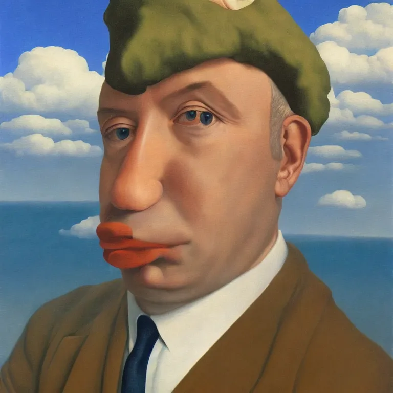 Image similar to portrait of a man with fish head, clouds in the background, by rene magritte, detailed painting, distance, middle centered, hd, hq, high resolution, high detail, 4 k, 8 k