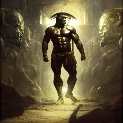 Image similar to handsome portrait of a spartan guy bodybuilder posing, radiant light, caustics, war hero, psychedelic dmt, by gaston bussiere, bayard wu, greg rutkowski, giger, maxim verehin