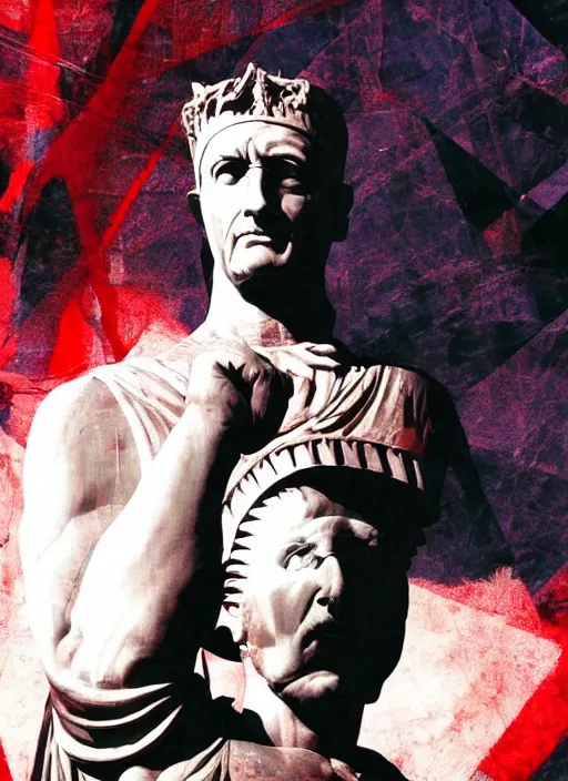 Image similar to design poster showing a statue of julius caesar, black background with very subtle red and purple design elements, powerful, nekro, laszlo moholy - nagy, graphic design, collage art, thin lines, dark, glitch art, neo vaporwave, gritty, layout frame, square, trending on artstation