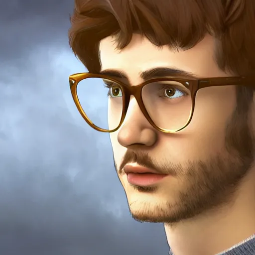 Prompt: highly detailed male character with brown hair and square glasses, 27, with text above: isbwhwrw, by Frank Lloyd Wright, reflective lighting, front view, foggy atmosphere, stunning, vivid colors, in the style of pixar animation, trending on Artstation, 8k, matte painting, ray tracing, hyper detailed, unreal engine 5, cinematic, epic lighting, cryengine, octane render, cyberpunk, red and orange glow, vibrant