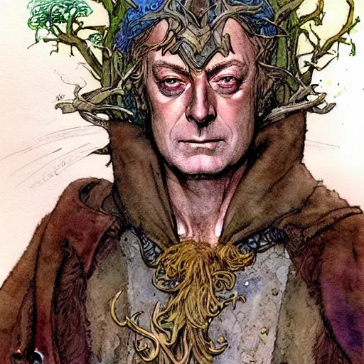 Image similar to a realistic and atmospheric watercolour fantasy character concept art portrait of michael caine as a druidic warrior wizard looking at the camera with an intelligent gaze by rebecca guay, michael kaluta, charles vess and jean moebius giraud