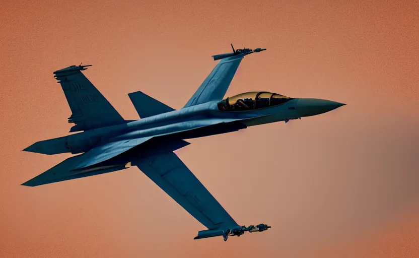 Prompt: a gritty hyperdetailed photorealistic f - 1 8 hornet flying low in the desert, global illumination, volumetric lighting, cinematic framing, cinematic lighting, cinematic shadows, in the style of top gun maverick