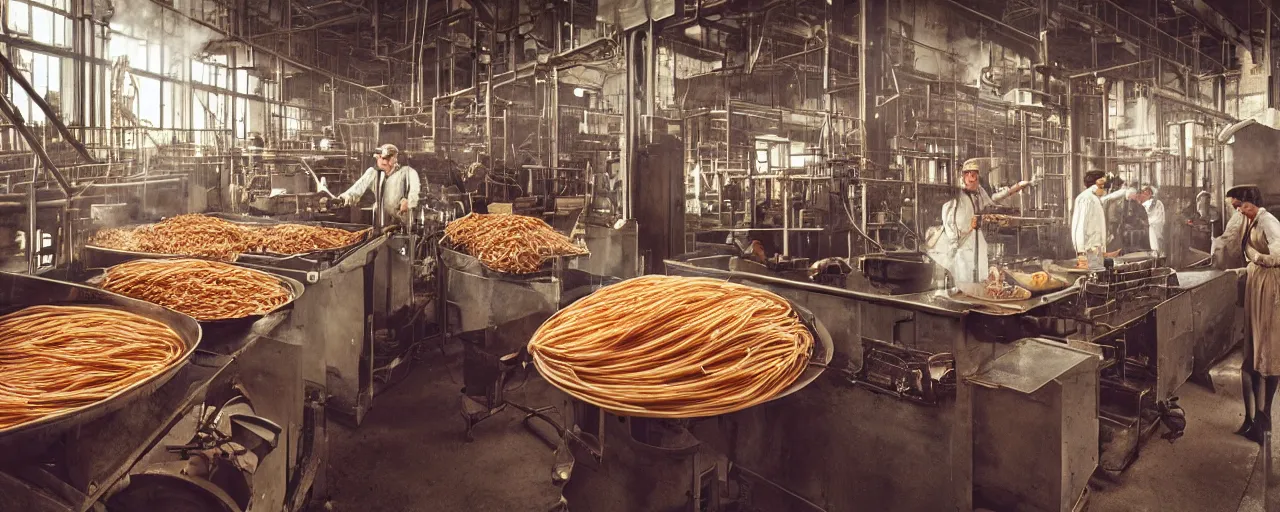 Prompt: spaghetti in a 1 9 2 0's industrial factory, steam, national geographic, detailed, canon 2 0 mm, wes anderson, kodachrome