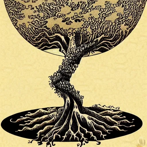 Image similar to tree of life, yggdrasil, latte art, moody lighting, by katsushika hokusai, by laurie lipton