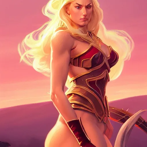 Image similar to Bar Rafaeli with blonde hair as She-Ra, western, D&D, fantasy, intricate, elegant, highly detailed, digital painting, artstation, concept art, matte, sharp focus, illustration, art by Artgerm and Greg Rutkowski and Alphonse Mucha