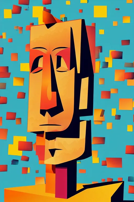 Image similar to cubist moai statue cutout digital illustration cartoon colorful beeple