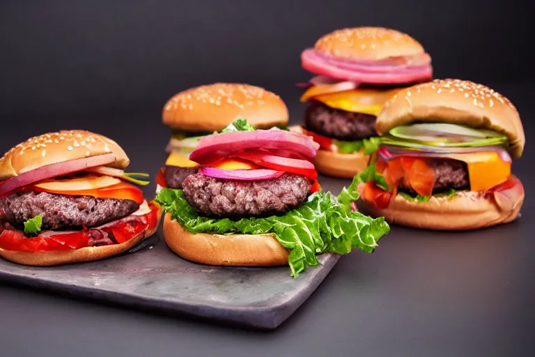 Prompt: product photography of delicious stunning greasy kaleidoscopic burger